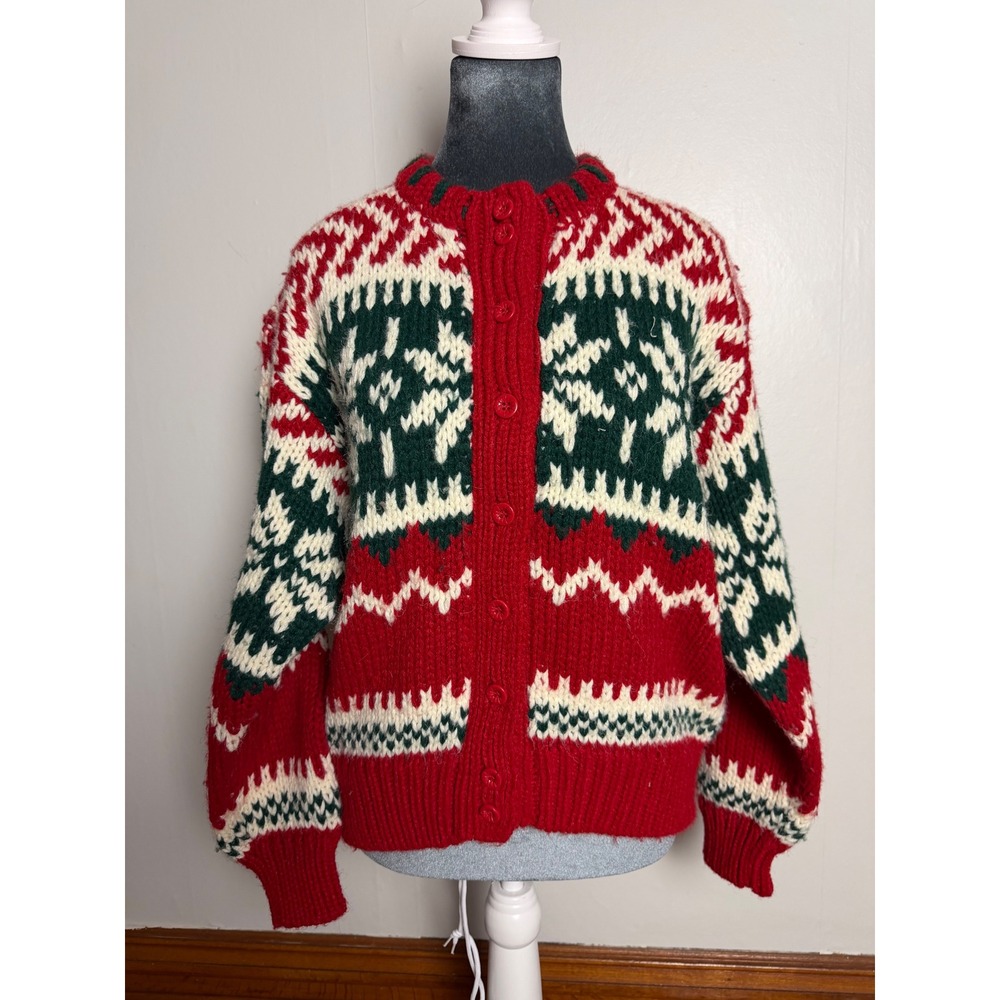 Vintage Fair Isle Snowflake Cardigan Sweater Red Chunky Knit boxy Cottagecore